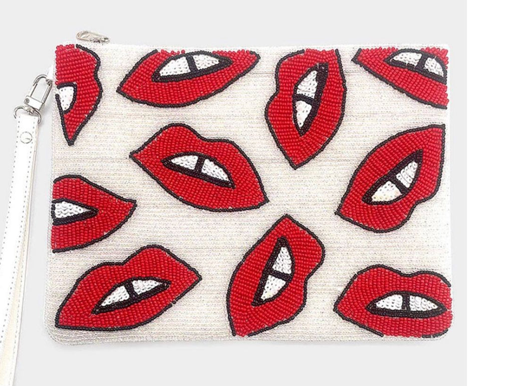 Sequin Seed Beaded Lip Wristlet Clutch Bag